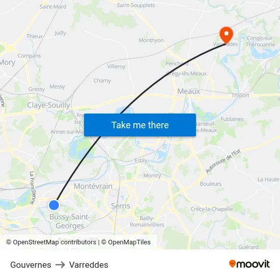 Gouvernes to Varreddes map