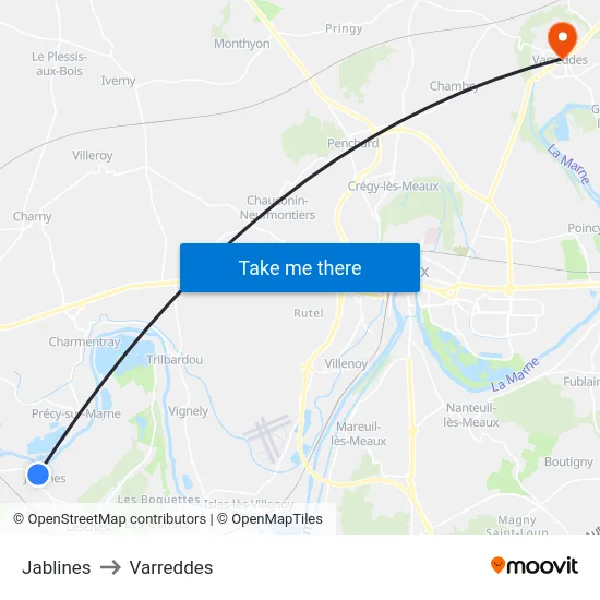 Jablines to Varreddes map