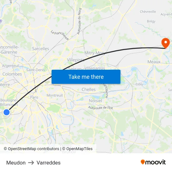 Meudon to Varreddes map