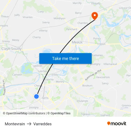 Montevrain to Varreddes map