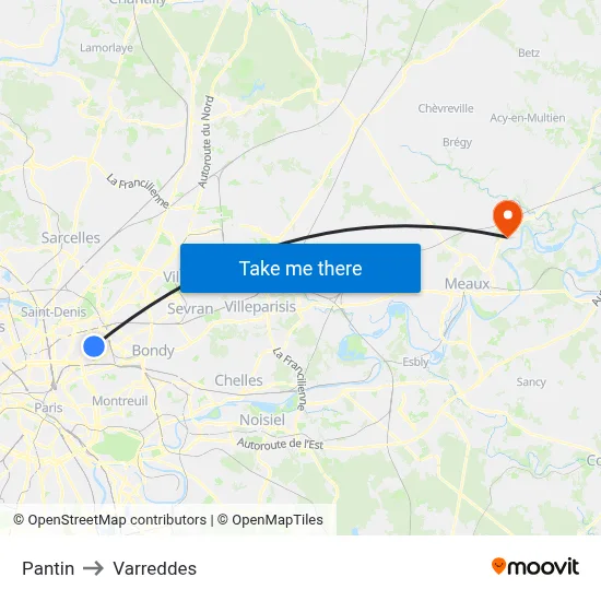 Pantin to Varreddes map