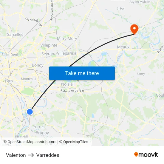 Valenton to Varreddes map