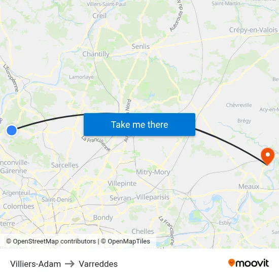 Villiers-Adam to Varreddes map