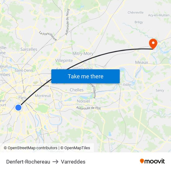 Denfert-Rochereau to Varreddes map