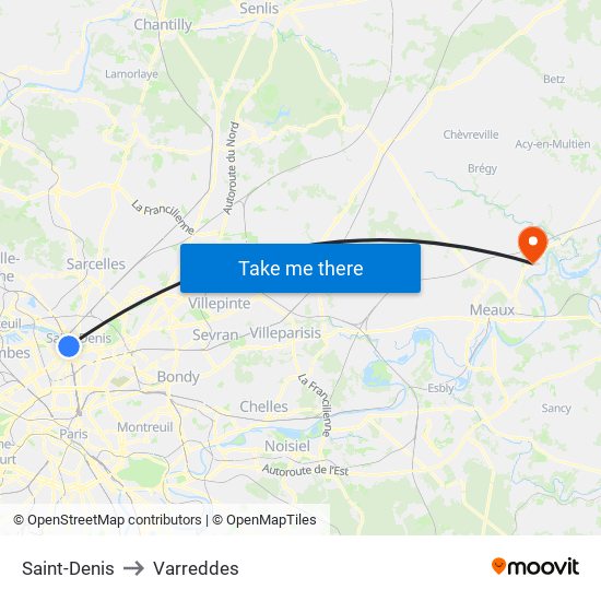 Saint-Denis to Varreddes map