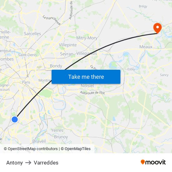 Antony to Varreddes map