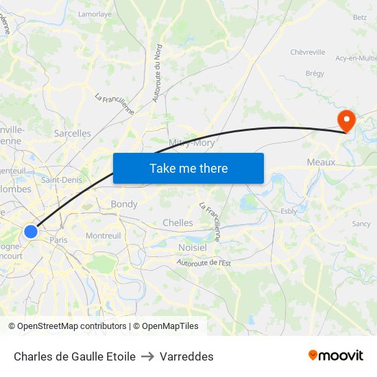 Charles de Gaulle Etoile to Varreddes map