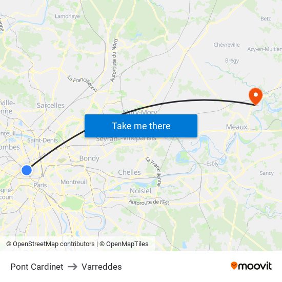 Pont Cardinet to Varreddes map