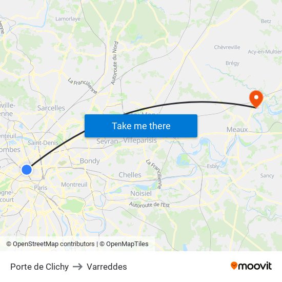 Porte de Clichy to Varreddes map