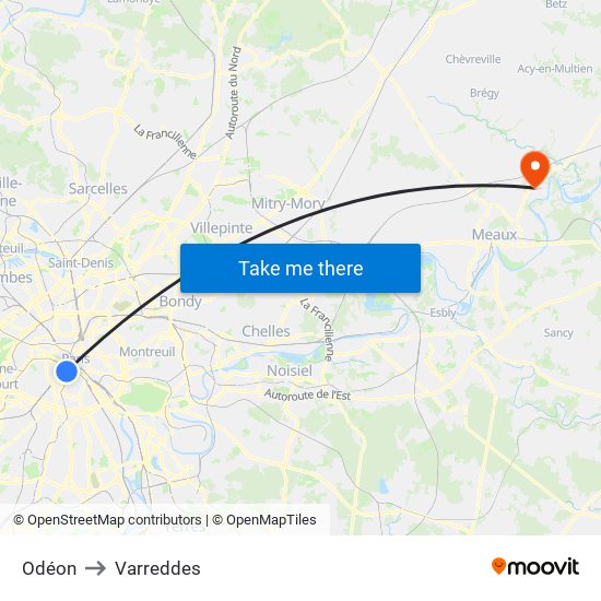 Odéon to Varreddes map