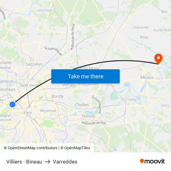 Villiers - Bineau to Varreddes map