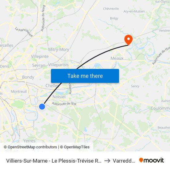 Villiers-Sur-Marne - Le Plessis-Trévise RER to Varreddes map