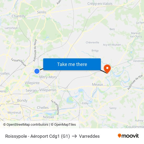 Roissypole - Aéroport Cdg1 (G1) to Varreddes map