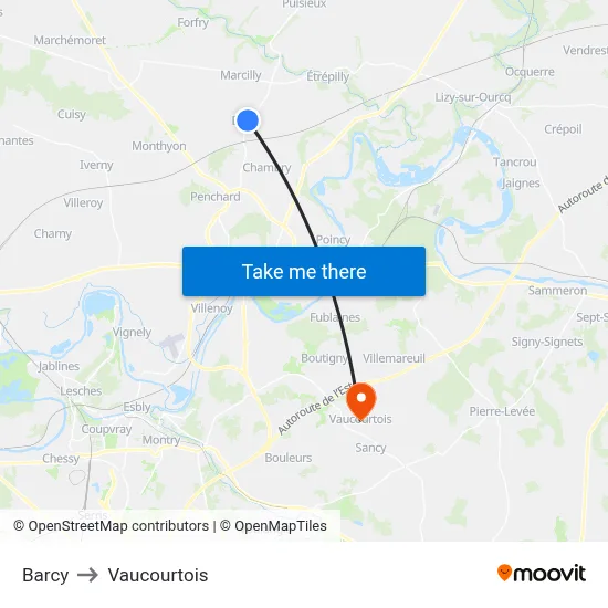 Barcy to Vaucourtois map