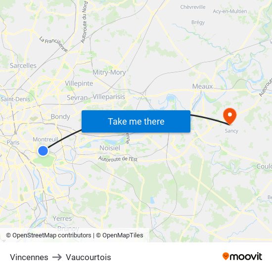 Vincennes to Vaucourtois map