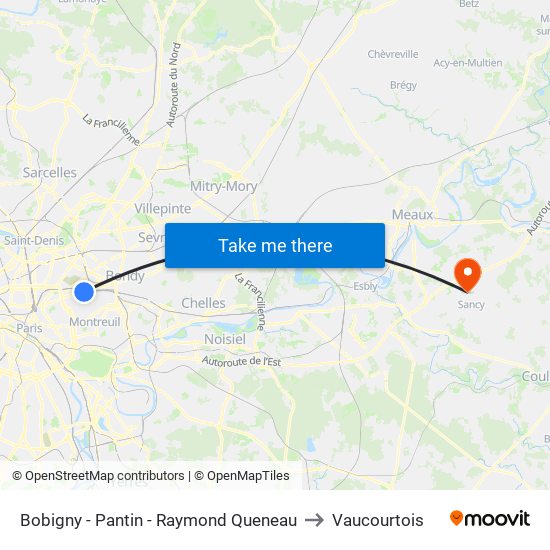 Bobigny - Pantin - Raymond Queneau to Vaucourtois map