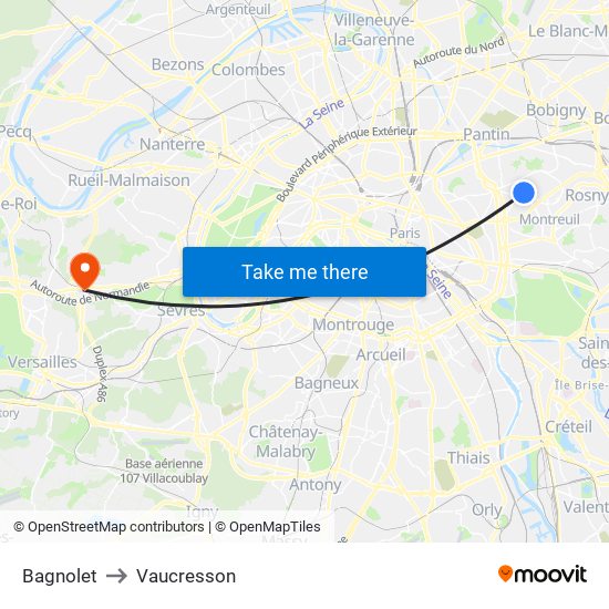 Bagnolet to Vaucresson map