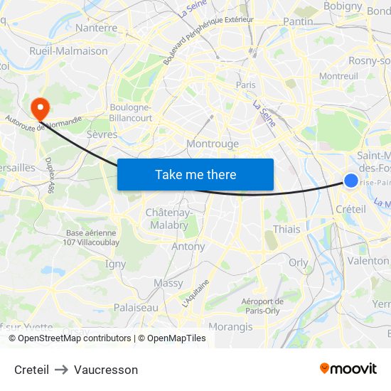 Creteil to Vaucresson map