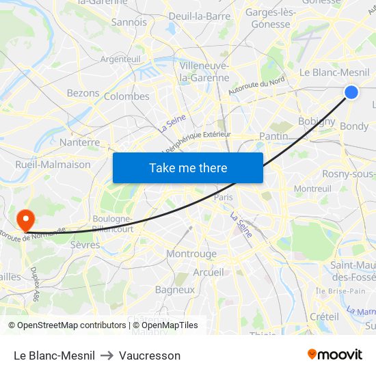 Le Blanc-Mesnil to Vaucresson map