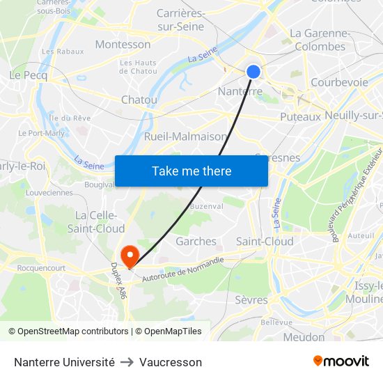 Nanterre Université to Vaucresson map