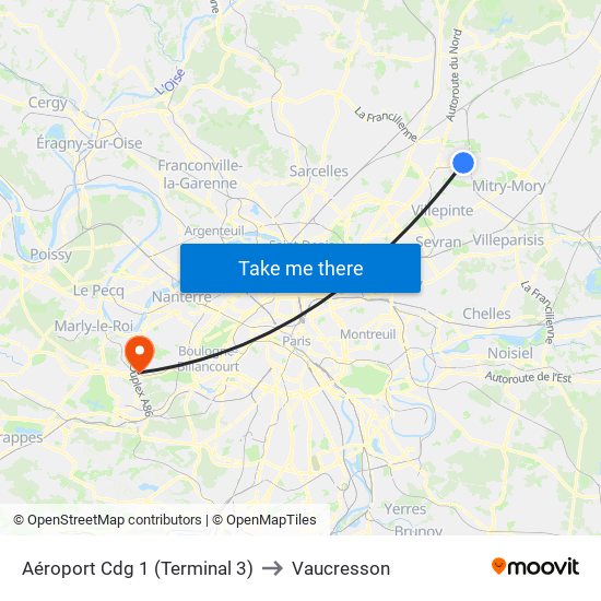 Aéroport Cdg 1 (Terminal 3) to Vaucresson map