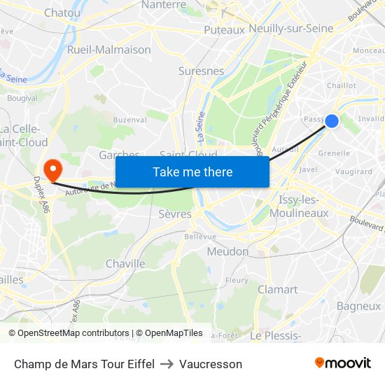 Champ de Mars Tour Eiffel to Vaucresson map