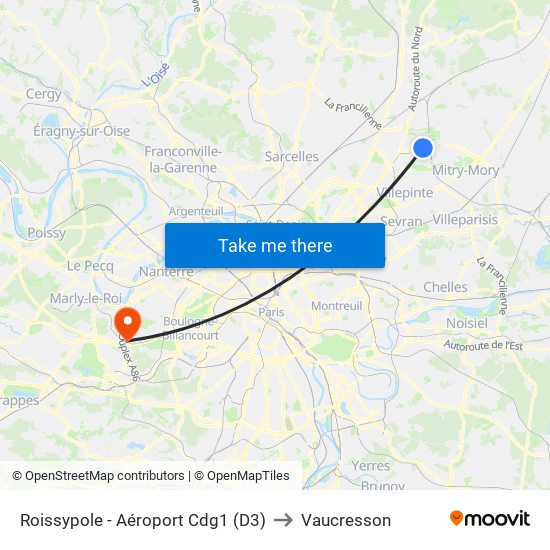 Roissypole - Aéroport Cdg1 (D3) to Vaucresson map