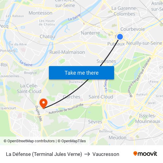 La Défense (Terminal Jules Verne) to Vaucresson map