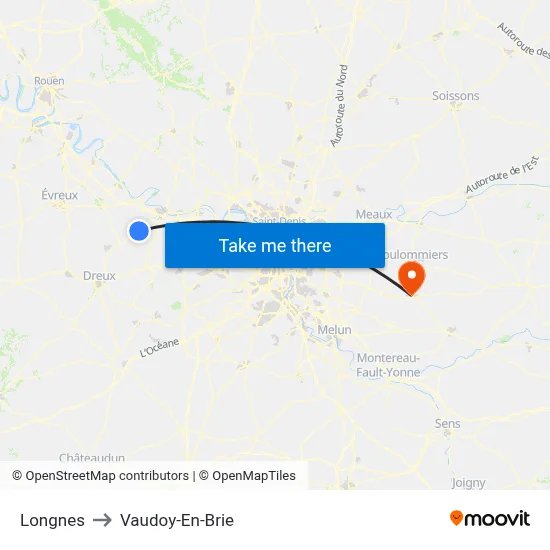 Longnes to Vaudoy-En-Brie map