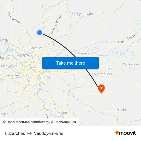 Luzarches to Vaudoy-En-Brie map
