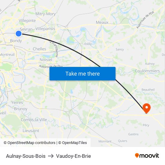 Aulnay-Sous-Bois to Vaudoy-En-Brie map