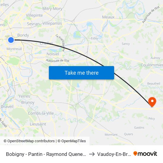 Bobigny - Pantin - Raymond Queneau to Vaudoy-En-Brie map