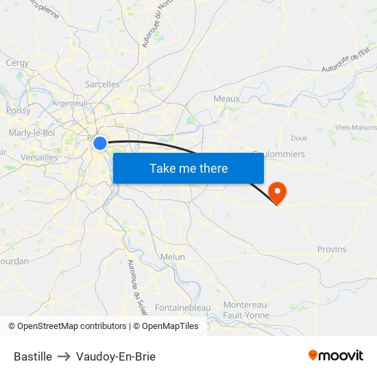 Bastille to Vaudoy-En-Brie map