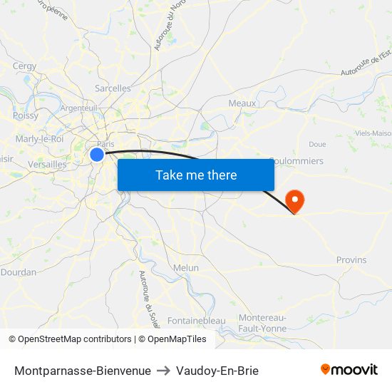 Montparnasse-Bienvenue to Vaudoy-En-Brie map