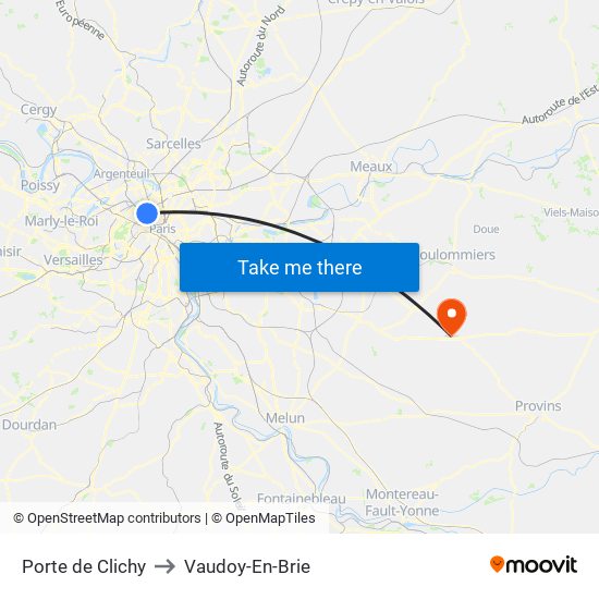 Porte de Clichy to Vaudoy-En-Brie map