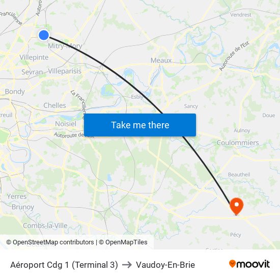 Aéroport Cdg 1 (Terminal 3) to Vaudoy-En-Brie map