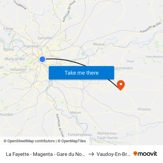 La Fayette - Magenta - Gare du Nord to Vaudoy-En-Brie map