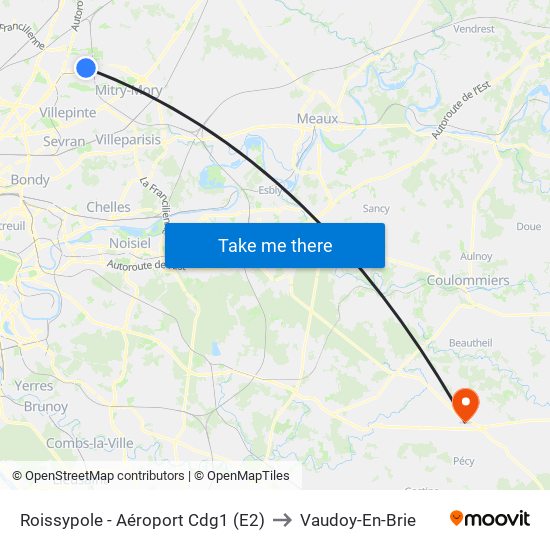 Roissypole - Aéroport Cdg1 (E2) to Vaudoy-En-Brie map