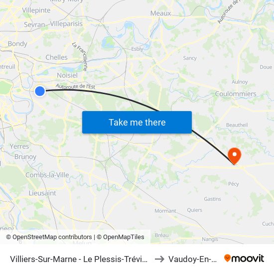 Villiers-Sur-Marne - Le Plessis-Trévise RER to Vaudoy-En-Brie map