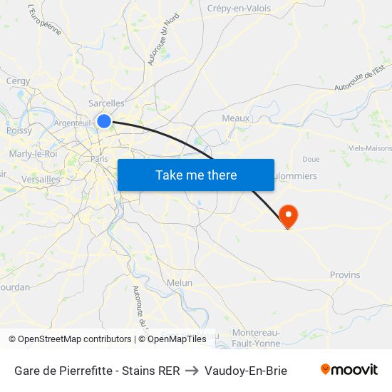 Gare de Pierrefitte - Stains RER to Vaudoy-En-Brie map