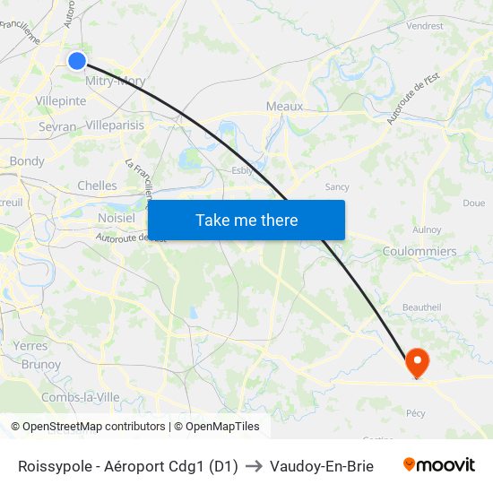 Roissypole - Aéroport Cdg1 (D1) to Vaudoy-En-Brie map