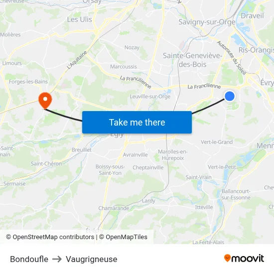 Bondoufle to Vaugrigneuse map