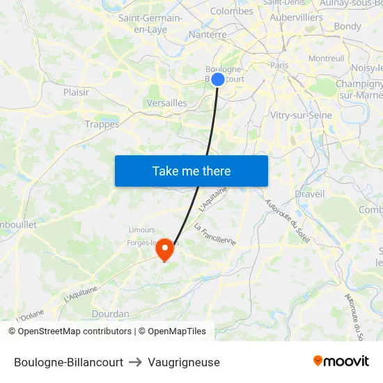 Boulogne-Billancourt to Vaugrigneuse map