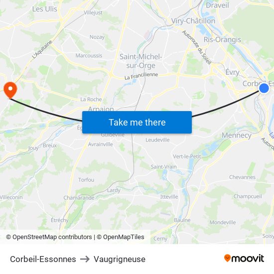Corbeil-Essonnes to Vaugrigneuse map