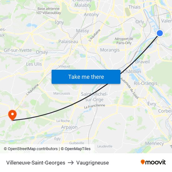 Villeneuve-Saint-Georges to Vaugrigneuse map