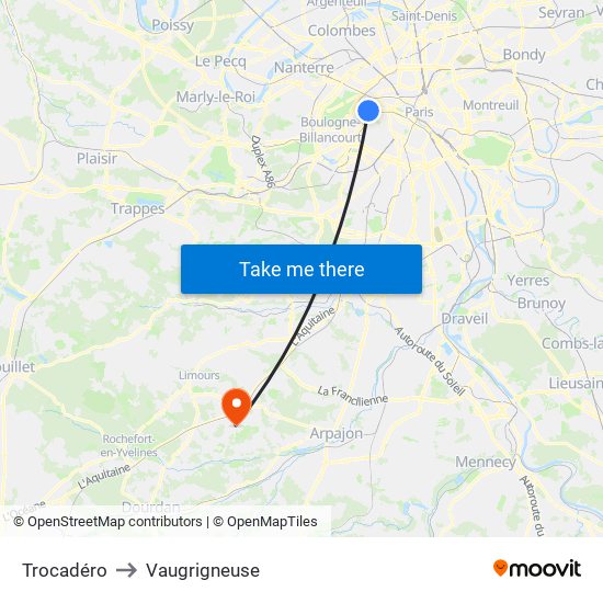 Trocadéro to Vaugrigneuse map