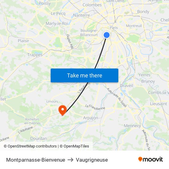 Montparnasse-Bienvenue to Vaugrigneuse map