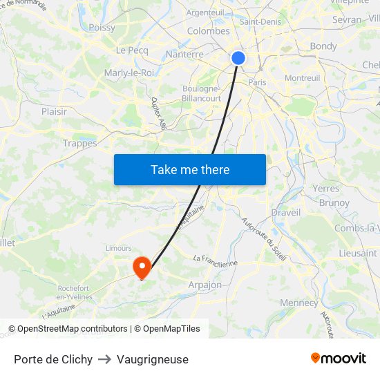 Porte de Clichy to Vaugrigneuse map