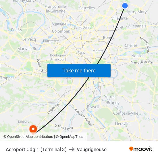 Aéroport Cdg 1 (Terminal 3) to Vaugrigneuse map