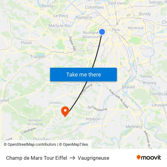 Champ de Mars Tour Eiffel to Vaugrigneuse map